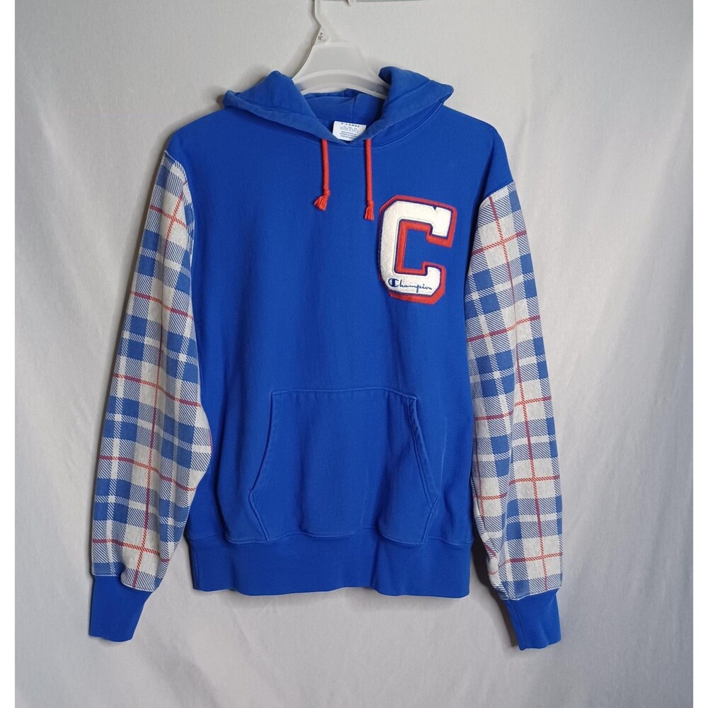 Champion Hoodie Mens XL Blue Reverse Weave Plaid Sleeve C Patch Fleece Pullover